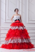 Elegant Princess Strapless Beading Ruflled Layers Red Quinceanera Dress in 2015 FVQD019FOR