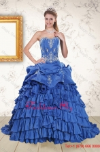 Modern Royal Blue Appliques and Pick Ups Quinceanera Dresses with Brush Train XFNAO6050FOR