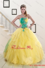 Popular 2015 Strapless Yellow and Green Sweet 15 Dresses with Ruching XFNAO756TZFXFOR