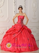 Red 2013 Customer Made New Arrival Strapless Taffeta Appliques Decorate For Quinceanera Dress IN Tranqueras Uruguay Style QDZY315FOR