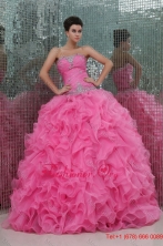 Strapless Rose Pink Organza Beading and Ruffles Quinceanera Dress FFQD044FOR