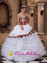 White Ball Gown Sweetheart Floor-length Quinceanera Dress With Organza and Leopard Ruffles   Salto Uruguay Style QDZY245FOR 