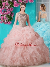 Brush Train Scoop Peach Quinceanera Dress with Beading and Ruffles SJQDDT670002FOR