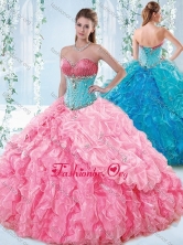 Exquisite Rose Pink Detachable Quinceanera Gown with Beading and Ruffles SJQDDT542002-1FOR