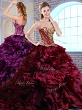 Recommended Brush Train Ruffles and Appliques Quinceanera Gowns in Wine Red  QDDTM1002-1FOR