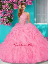 Recommended Style Halter Top Beaded and Ruffled  Quinceanera Dress with Brush Train SJQDDT636002FOR