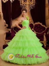 Tantoyuca Mexico Wholesale Stuuning Spring Green One Shoulder Ruffles Layered Quinceanera Cake Dress Style QDZY117FOR 
