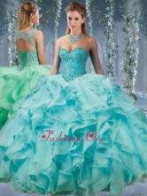 Classical Beaded and Applique Big Puffy Sweet 16 Quinceanera Dress in Aque Blue