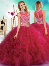 Classical Beaded and Ruffled Fuchsia Sweet 16 Quinceanera Dress with See Through 