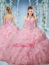 Lovely Baby Pink Brush Train Quinceanera Dresses Beaded and Ruffled 