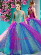 New Arrival Halter Top Really Puffy Sweet 16 Dress with Beading and Appliques SJQDDT614002FOR