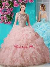 New Arrival Train Scoop Peach Quinceanera Dress with Beading and Ruffles SJQDDT670002FOR