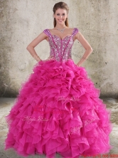 Perfect Ruffled and Beaded Bodice Straps Hot Pink Sweet 16 Dress LFY091906KFFOR
