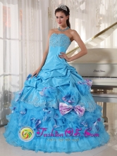 Ustupo Panama Romantic Aqua Quinceanera Dress Appliques Decorate Bust With Pick-ups and Bowknot Ball Gown for Graduation Style PDZY747FOR 