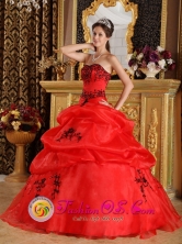 2013 Fashionable Red Embroidery Sweetheart Sweet 16 Dress With Pick-ups Organza Quinceanera Gowns In Quesada Costa Rica Style QDZY323FOR 