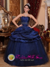 2013 Summer Navy Blue Strapless Tulle and Taffeta Pick-ups Beading and Ruch Quinceanera Dress Curridabat Costa Rica Style QDLMYYUKFOR