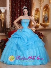 Aqua Blue Appliques Decorate Organza Sweet Quinceanera Dress With Strapless Floor-length for Formal Evening In San Pedro Costa Rica Style QDZY549FOR