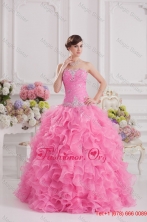 Ball Gown Sweetheart Organza Beading Ruffles Rose Pink Quinceanera Dress FVQD006FOR