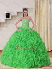 Cheap Strapless Spring Green Quinceanera Dress with Beading and Ruffles QDZY257TZFXFOR