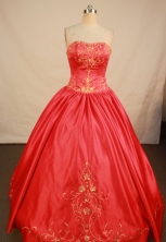 Pretty Ball Gown Strapless Floor-length Red Satin Embroidery Quinceanera dress Style FA-L-193