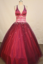 Exclusive Ball Gown Halter Top Floor-length Burgundy Taffeta Beading Quinceanera dress Style FA-L-17