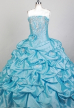 Exquisite Ball Gown Strapless Floor-length Teal Blue Quinceanera Dress X0426069