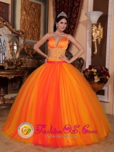 Orange Red Fantastic Quinceanera Dresses With V-neck With Spaghetti straps Consuelo Dominican Style QDZY714FOR 