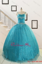 Perfect Spaghetti Straps Appliques Sequins Turquoise Quinceanera Dresses for 2015 FNAO715FOR