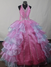 Pretty Ball Gown Halter Top Neck Floor-length Pink Quinceanera Dress LJ2602