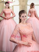 Pretty Bateau Long Sleeves Beading and Appliques Quinceanera Dresses for 2016 YCQD083FOR
