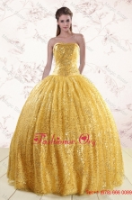 Romantic Gold Sequined Quinceanera Dress with Strapless XFNAO45FOR