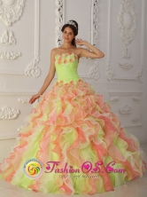 Strapless Ruffles Layered and Ruched Bodice Quinceanera Dress With Hand Made Flowers for 2013 San Miguel Costa Rica Style QDZY004FOR 
