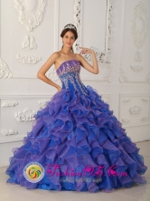 Wholesale beautiful Royal Blue and Purple Ruffles Appliques Decaorate Bust 2013 Quinceanera Gowns For Sweet 16 In Quisqueya Dominican Style QDZY348FOR  