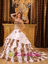 2013 Casma Peru Quinceanera Dress with Taffeta and Leopard Ruffles Beaded Decorate Bust Droped wholesale Waist Ball Gown Brush Train Style QDZY010FOR