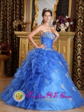 Bagua Grande Peru Classical Strapless Blue Sweetheart Organza wholesale Quinceanera Dress With Ruffles Decorate In New York for Formal Evening Style QDZY137FOR