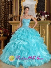 Casa Grande Peru Aqua Blue Layered Organza wholesale Quinceanera Dress With Beaded Bodice and Ruffles Style QDZY108FOR