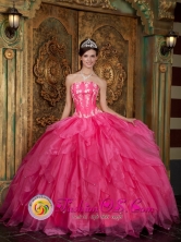 Casma Peru Hot Pink 2013 wholesale Quinceanera Dress with Strapless Organza Appliques Ruffled Ball Gown Style QDZY003FOR