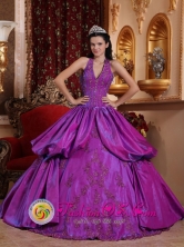 Huancavelica Peru Halter Top Remarkable Eggplant Purple Pick-ups Brand New wholesale Quinceanera Gowns With Taffeta Appliques for Prom Style QDZY633FOR