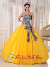 Juanjui Peru For Formal Evening Golden Yellow and Printing wholesale Quinceanera Dress Bowknot Tulle Ball Gown Style PDZY713FOR 