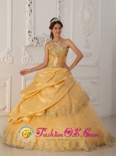 Paita Peru  2013 Gold wholesale Quinceanera Dress Lace Floor-length Taffeta and Tulle Ball Gown Style QDZY187FOR 