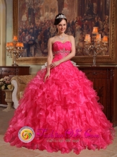 Pisco Peru 2013 Stylish Hot Pink Rdffles Beading and Ruch Sweetheart wholesale Quinceanera Dress With Organza Ball Gown Style QDZY304FOR