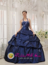 Satipo Peru Navy Blue wholesale Quinceanera Dress Appliques Decorate Halter and sweetheart  Taffeta For Formal Evening Style QDZY652FOR