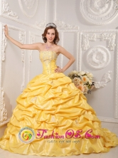 Tuman Peru Brand New Yellow 2013 wholesale Quinceanera Dress Strapless Court Train Taffeta Appliques and Beading Style QDZY008FOR