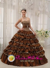 2013 Barceloneta Puerto Rico Quinceanera Dress Modest Brown In Georgia Sweetheart Taffeta and  Leopard or zebra Ruffles Ball Gown Wholesale Style QDZY373FOR