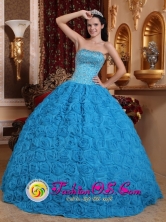 2013 Canovanas Puerto Rico Gorgeous Blue Sweet Quinceanera Dress Fabric With Rolling Flowers Ball Gown Strapless Beading Ball Gown Wholesale Style QDZY576FOR
