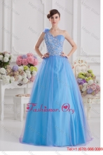 2015 A line One Shoulder Tulle Blue Quinceanera Dress with Appliques Hand Made Flower FVQD008FOR