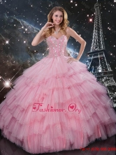 2015 Fall Comfortable Beaded Ball Gown Pink Quinceanera Dresses with Floor Length QDDTA88002FOR