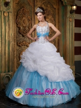 A-line Halter Lovely Beading and Pick-ups Organza White and Baby Blue For 2013  Quinceanera Wholesale Style QDZY085FOR 