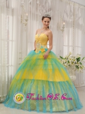Beading and Ruch Brand New Yellow and Blue 2013 Jayuya Puerto Rico Spring Quinceanera Dress For Winter Strapless Tulle Popular Ball Gown Wholesale Style QDZY468FOR 