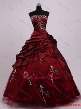 Elegant Strapless Ball Gown Wine Red Quinceanera Dresses with Appliques SWQD022FOR